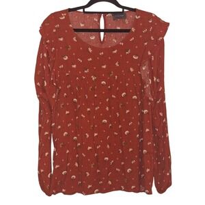 Hudson Gray Rust Floral Ruffle Sleeve Keyhole‎ Neck Blouse Top Womens L